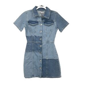 ZARA Patchwork Blue Denim Mini Dress Size S Button Up Y2K Festival Blogger Fav